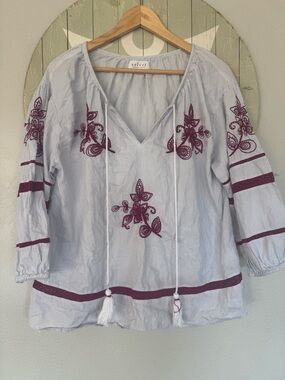 Womens cotton boho embroidered balloon sleeve blouse